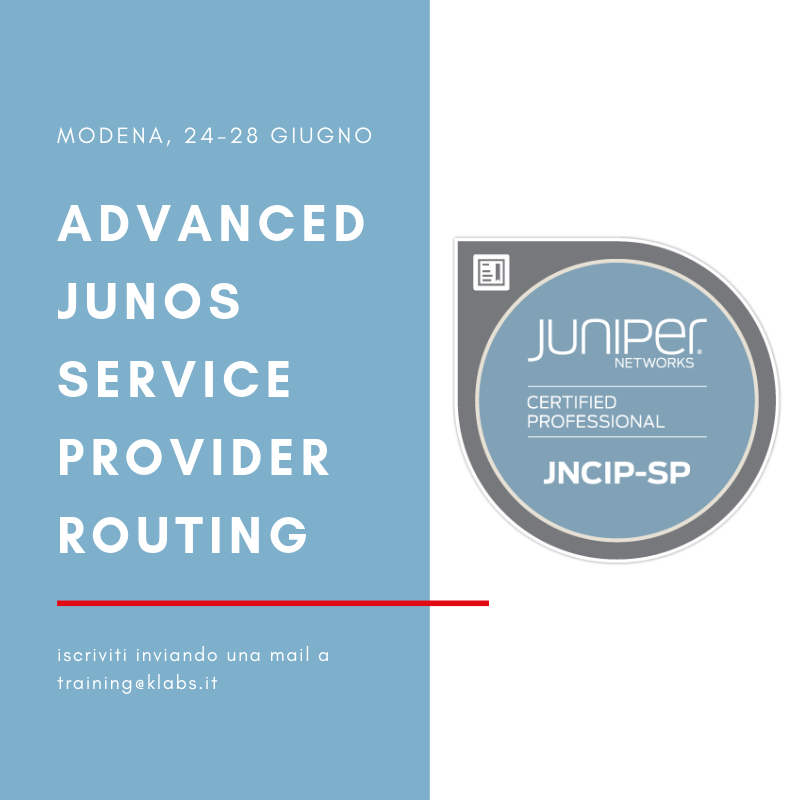KLabsICT's tweet photo. Dal 24 al 28 Giugno uno dei nostri trainer certificati Juniper #JNCI terrà il corso "Advanced Junos Service Provider Routing" #AJSPR e ti aiuterà a prepararti all'esame di certificazione #JNCIP-SP. Iscriviti subito! I posti sono limitati!
#junipernetworks #certificationtraining https://t.co/mBjkkaoDzN