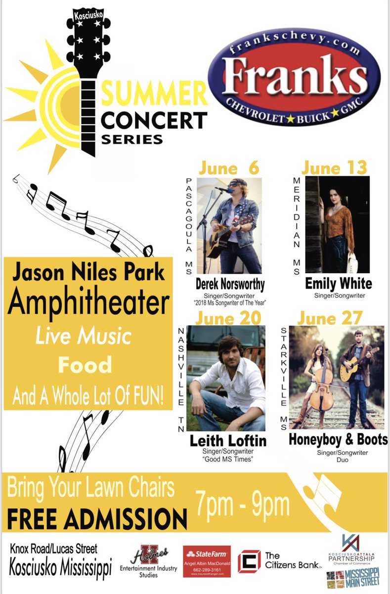 visitkosyms's tweet image. FREE EVENT!! The Franks Chevrolet Summer Concert Series is coming to the new Jason Niles Park Amphitheater in Kosciusko every Thursday in June. 7-9. A different Food Truck vendor will be available for each night. Bring your lawn chairs and blankets and enjoy the show.