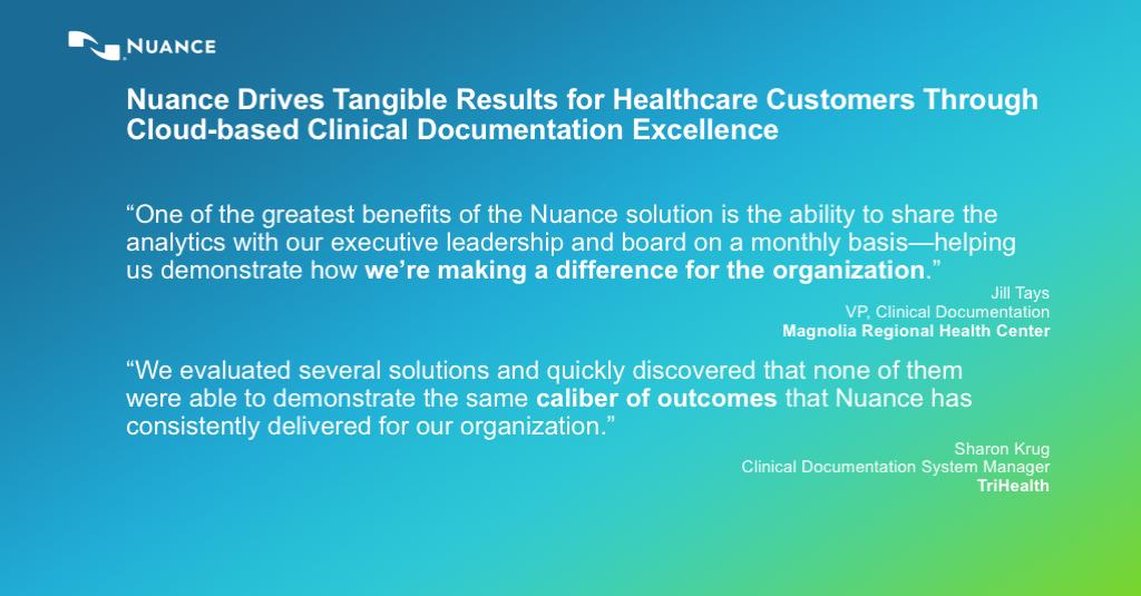 NuanceHealth's tweet photo. Announcing: Nuance drives tangible results for healthcare customers through cloud-based clinical documentation excellence. CDE One & CDE Triage enabled efficient workflows, enhanced productivity, & improved CDI & care team satisfaction. Read: https://t.co/kGa7nISoiK #ACDIS2019 https://t.co/c9TTyilDt2
