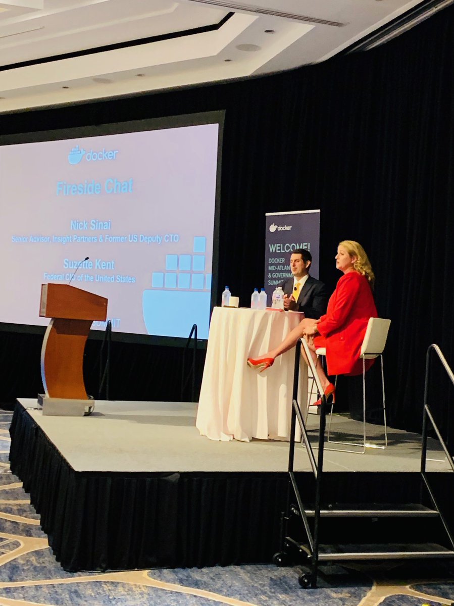 NickSinai's tweet photo. Thank you @SuzetteKent45 for the fireside chat on IT modernization, innovation, and workforce—including the call for technologists to serve in government! At the Gov & mid-Atlantic #DockerSummit https://t.co/yWATXtWaJT
