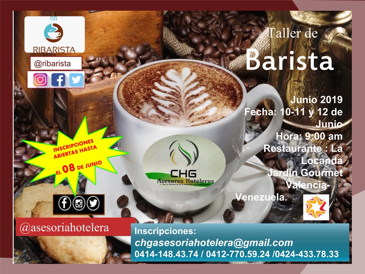 chgasesoria's tweet photo. CHG Asesoría Hotelera tiene para ti el Taller Barista. Inscripciones abiertas!!!Aprende como hacer Latte Art!! #taller #barista #latteart #artedellatte #latte #coffe #cafe #cofferoom #restaurante #hoteles #hoteleria #valencia #merida #maracay #margarita #caracas #venezuela https://t.co/IhAuJcjuuK