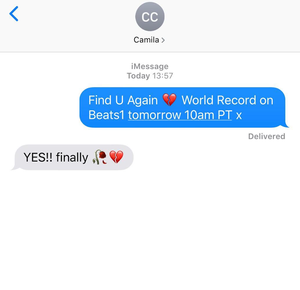 MarkRonson's tweet photo. Find U Again ft. @camila_cabello is @zanelowe’s World Record on @Beats1 tomorrow 💔 Come sing/dance/cry with us at 10am PT/1pm ET x https://t.co/3rzpbChw1e