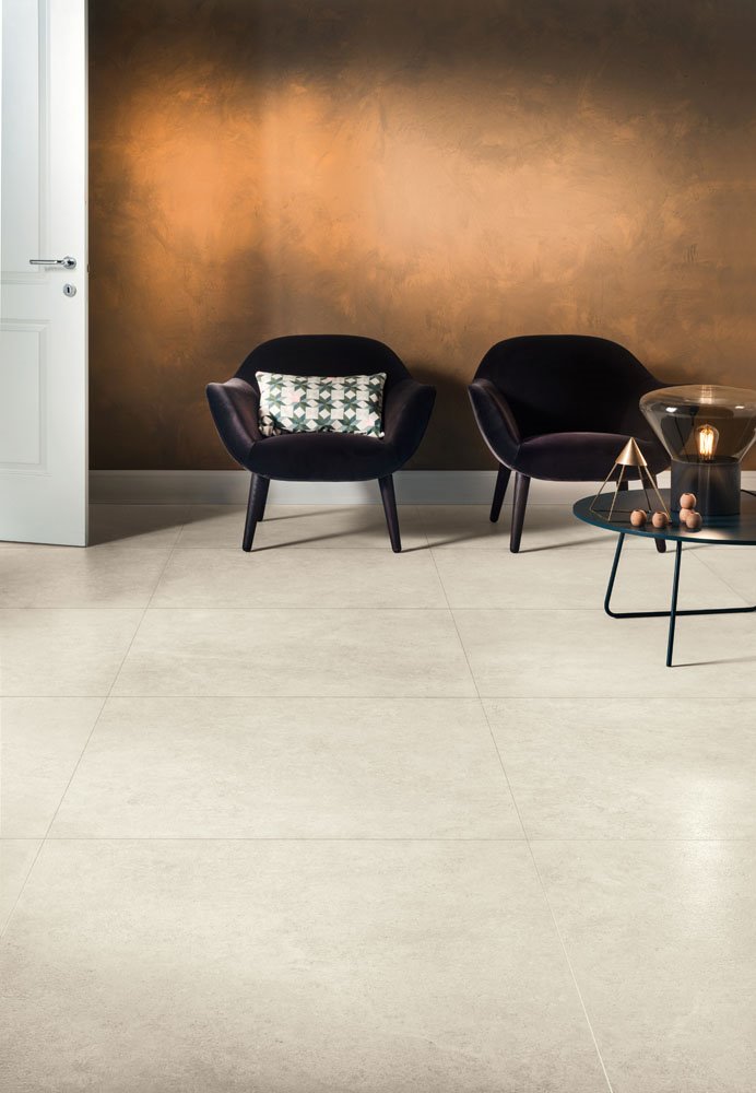The soft color tones of stone effect porcelain stoneware meet the grace of a modern design. This is Prime from Panaria, available in various color options. 

As always available in store or online tilehaven.ie