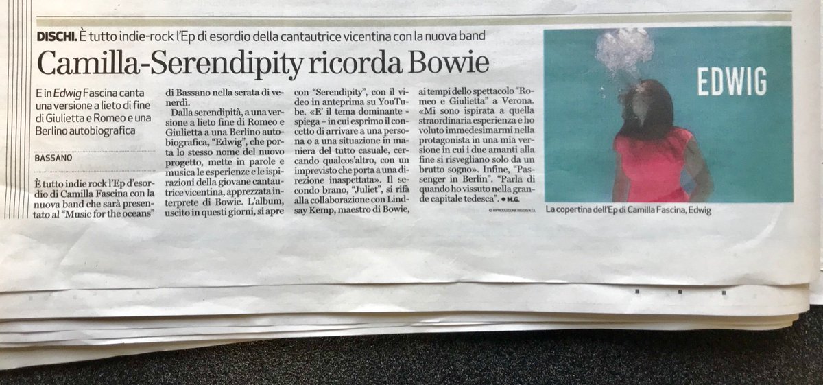 camillafascina's tweet photo. OGGI su il @GiornaleVicenza parlano del mio EP e del mio nuovo progetto EDWIG 🤩 #Serendipity #davidbowie #edwig #edwigofficial https://t.co/ey1Noi1OIX