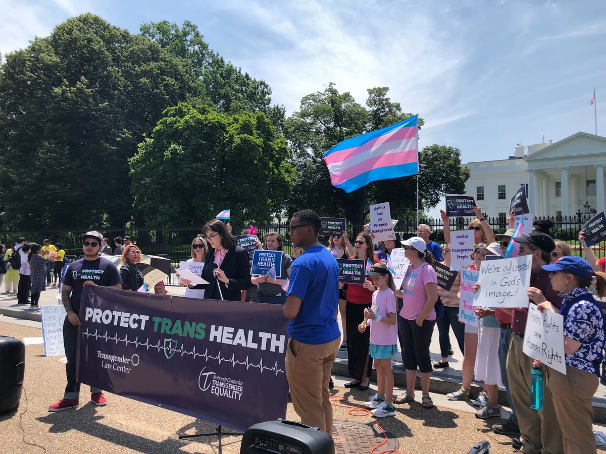 nwlc's tweet image. Last week, the Trump-Pence administration proposed a rule to try and roll back the Health Care Rights Law - this would harm trans people and people seeking abortions. Today, we’re outside the White House to say: #PutPatientsFirst and #ProtectTransHealth!
