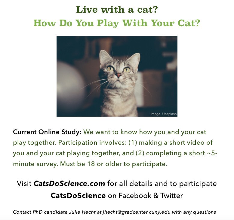 DogSpies's tweet image. How do you play with your CAT? Can you show me? Participate in an online study with your cat! CatsDoScience.com for all details &amp;amp; to participate 
@CatsDoScience
 #citsci #citizenscience #catsagram #catsrule #pets #CatsOnTwitter