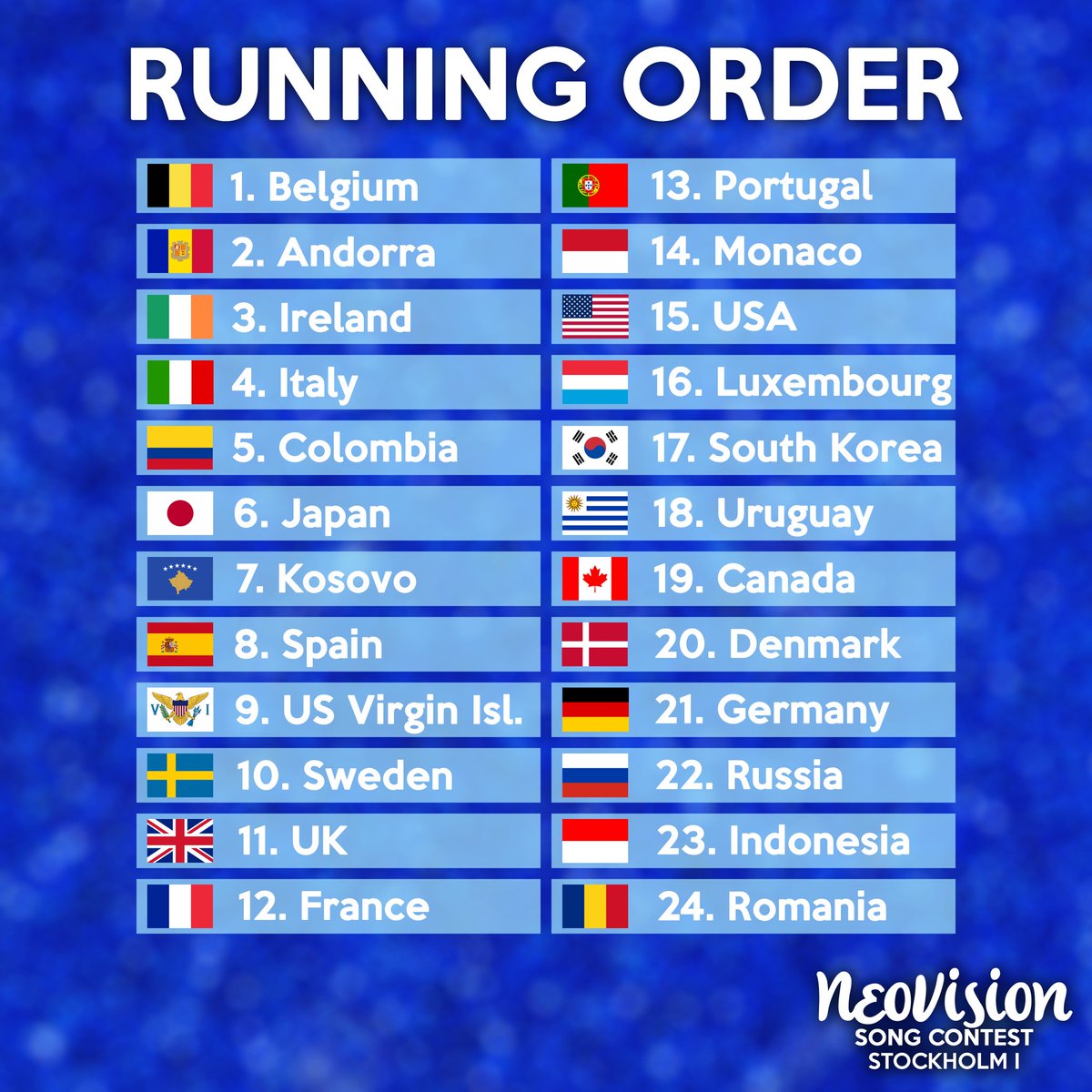 neovisionsc's tweet photo. OFFICIAL RUNNING ORDER OF THE FIRST EDITION OF NEOVISION SONG CONTEST

🇧🇪 is opening while 🇷🇴 is closing

1st half:
🇧🇪🇦🇩🇮🇪🇮🇹🇨🇴🇯🇵🇽🇰🇪🇸🇻🇮🇸🇪🇬🇧🇫🇷
2nd half:
🇵🇹🇲🇨🇺🇸🇱🇺🇰🇷🇺🇾🇨🇦🇩🇰🇩🇪🇷🇺🇮🇩🇷🇴 https://t.co/YLBGL4UGit