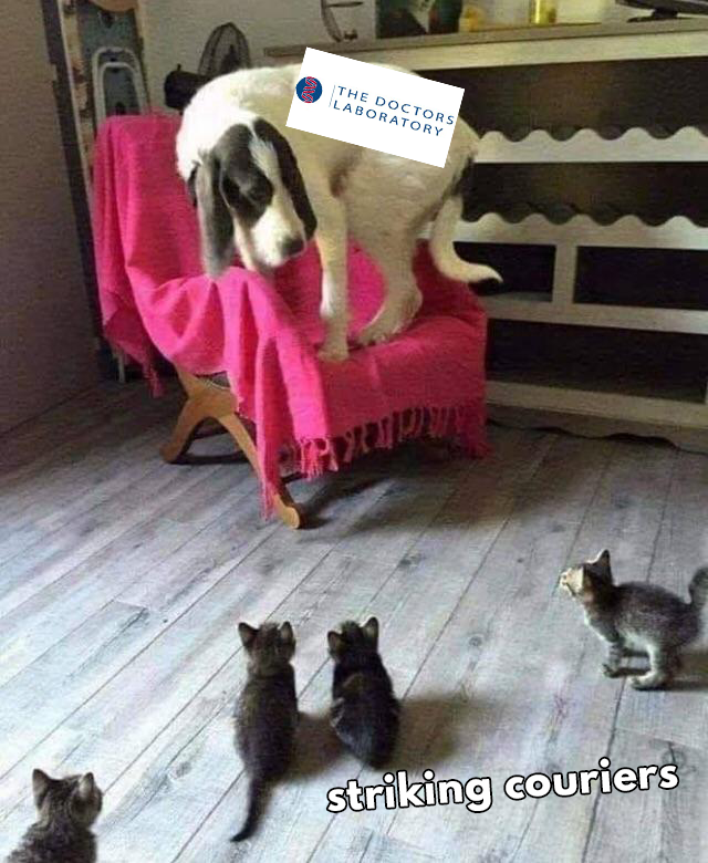 IWGB_CLB's tweet photo. The Doctors Laboratory are now very aware of the power their couriers collectively hold but they shouldn't be running scared of negotiations. Their reasonable demands are easily covered by the eye-watering profits TDL makes on those juicy NHS contracts #TDLstrike https://t.co/l3Jn5q4rXw