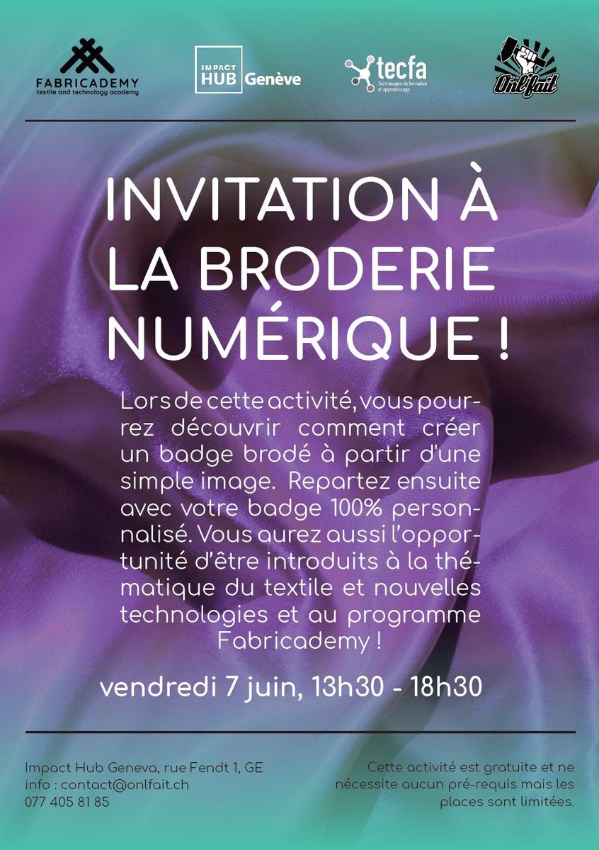 DKSch's tweet photo. Démonstration de la broderie numérique organisée par le Fab Lab Onl’Fait et TECFA à Impact Hub Geneva. C'est gratuit :) Pour s'inscrire:
https://t.co/LkeZ6KFuDa
ou
https://t.co/4UM3jQ8CqT
@tecfa @onlfait #broderiemachine #machineembroidery https://t.co/R6gxYLdSIU