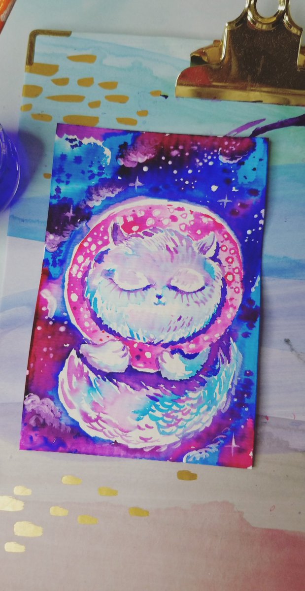 My daughters teacher loves cats. So she asked me to paint little painting for him. 'Cat in the space & donut holes' 🌌🐈🍩coming soon to TinyLittleDreamers.com #cat #space #donuts #watercolors #LanaChromium
