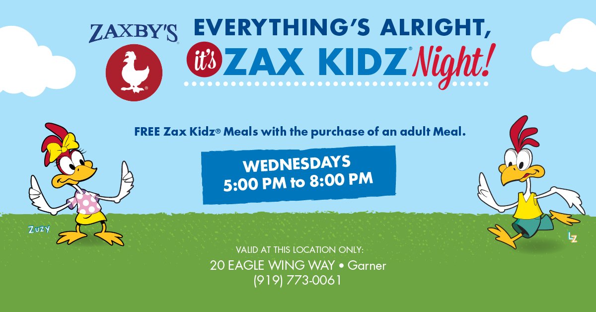 ZaxbysGarnerNC's tweet photo. You made it! You're halfway through the week, &amp; you shouldn't have to cook dinner on a day like this. Lucky for you, it's Kidz Night! Get up to TWO FREE Zax Kidz Meals for every adult meal purchased when you dine in between 5-8p tonight. #kidseatfree #garnernc https://t.co/4weaJEm1Bo