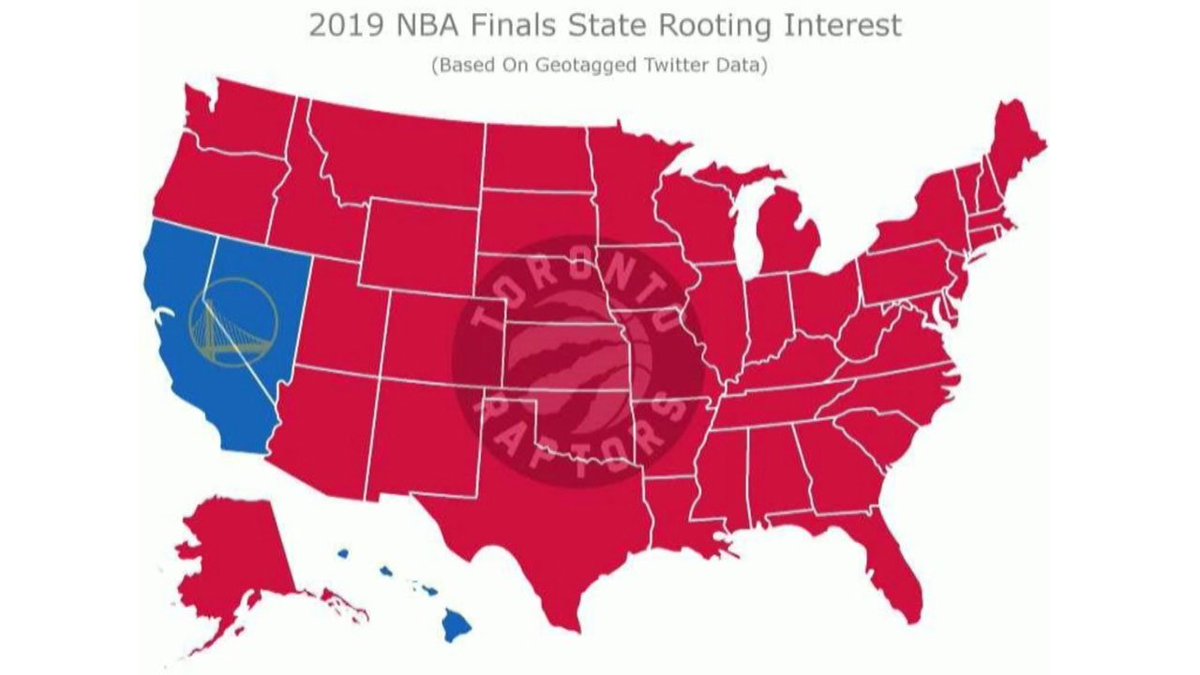 CP24's tweet photo. Majority of United States cheering for Toronto Raptors over Golden State Warriors in NBA Finals https://t.co/OkwcWdz3Hq https://t.co/eRM5vnN0CY