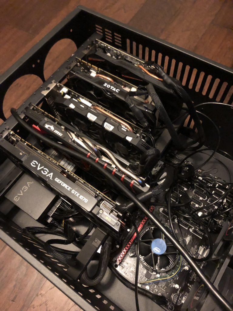 @hacks4pancakes I was working on a hashcat (hashtopolis) rig last night. This motherboard supports 16GPUs. I have a bunch of used mining specific cards in route to fill the board. I will use extensions to connect those cards into a two rack mounted cases (one above and one below this one).