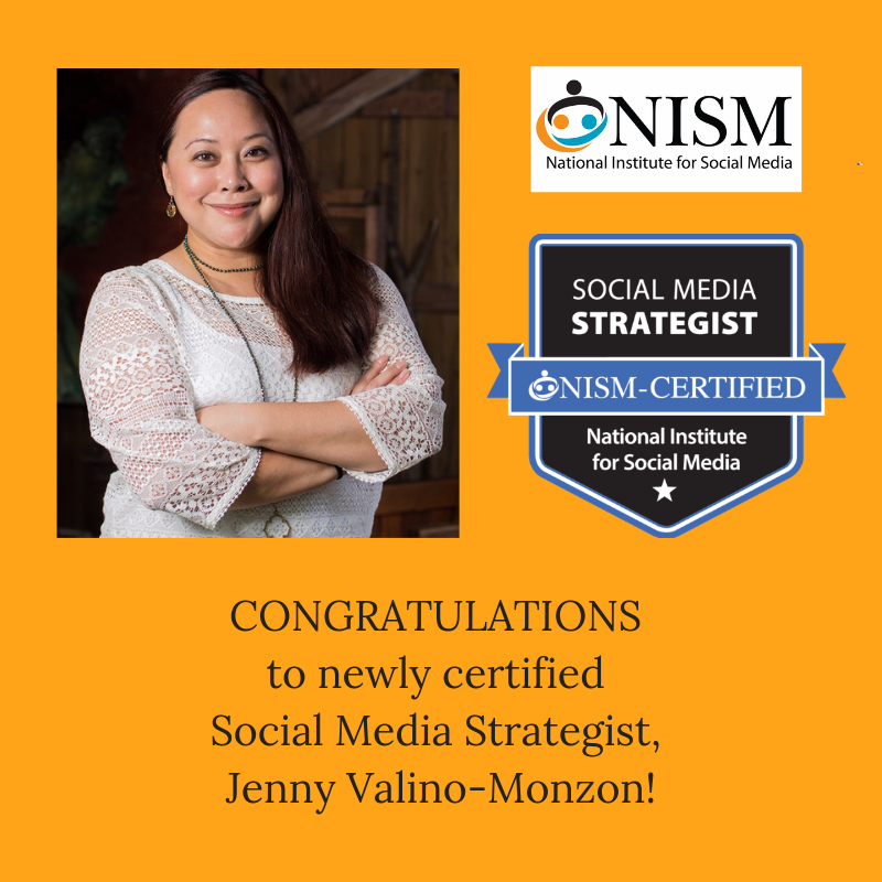 nismonline's tweet photo. Congratulations to Jenny Valino-Monzon on achieving her Social Media Strategist (SMS) certification! #SMSCert #socialmedia https://t.co/fSNVUhjD9F