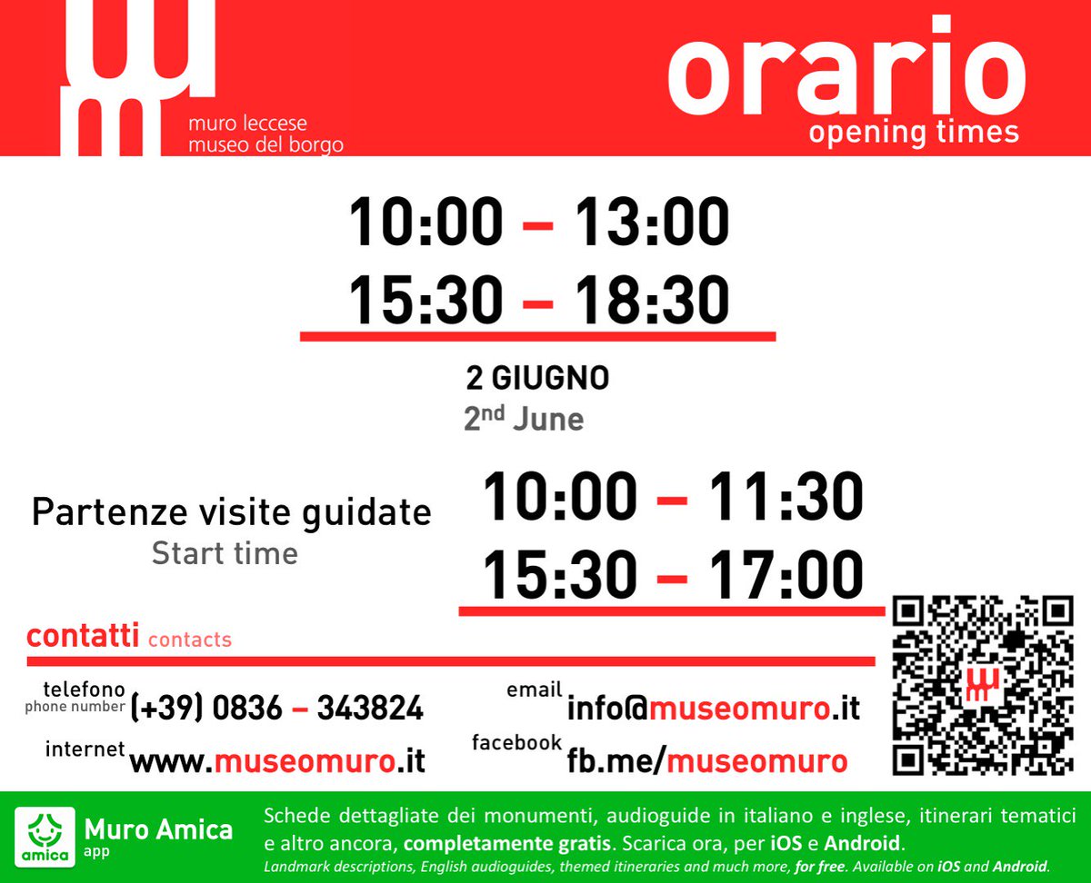 Orario d'apertura e delle visite guidate di domenica 2 giugno
