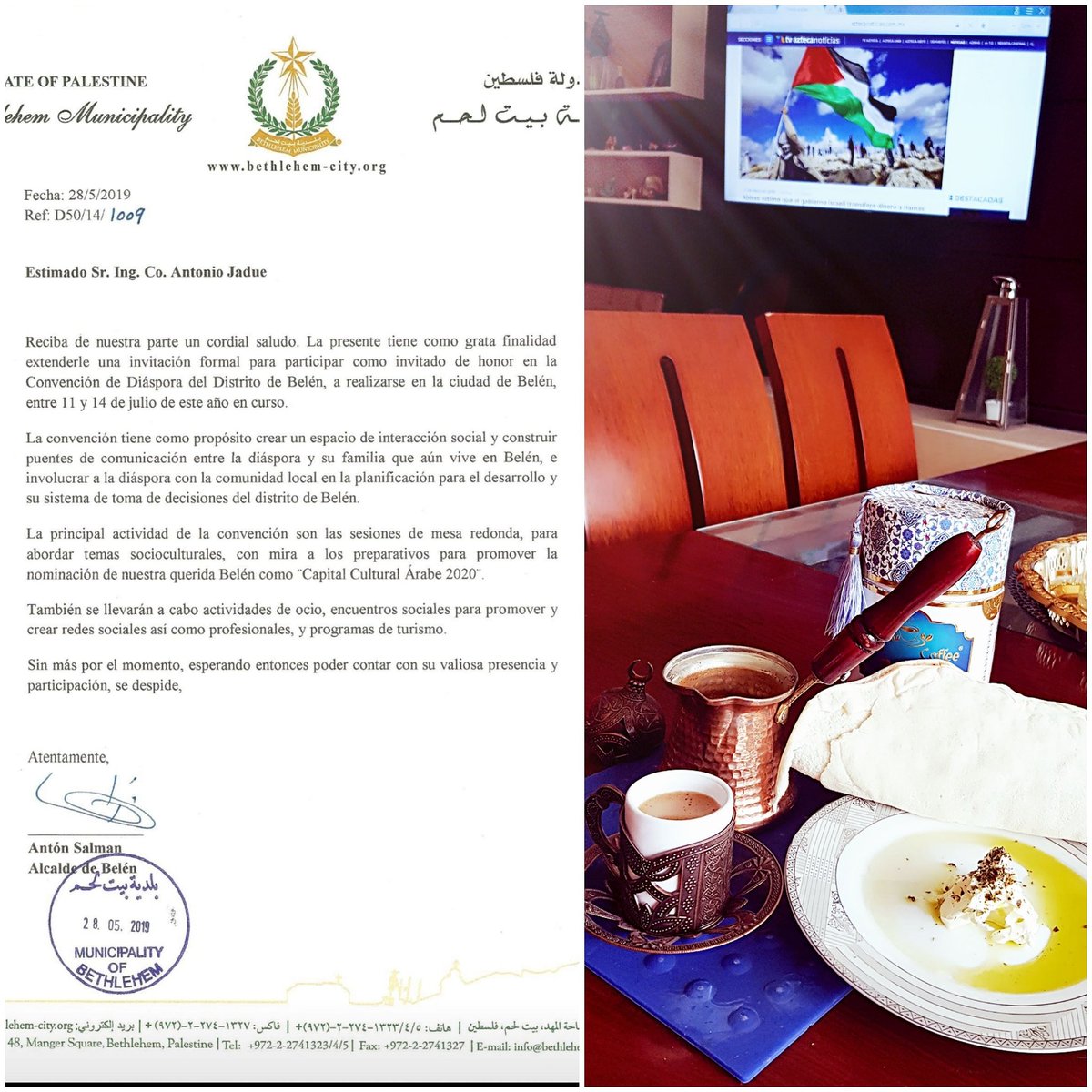 La mejor manera de empezar el día con buenas noticias y el tradicional café árabe.
Hoy recibí la invitación del alcalde de #Belen #Palestina, para visitar la tierra de Jesucristo, la tierra de mis abuelos, MI TIERRA, MI AMADA PALESTINA ✌🇵🇸✌🇵🇸
#VOLVEREMOS
#VIVAPALESTINA