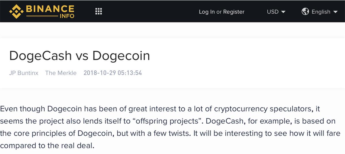 dogecashcoin's tweet image. Cool little article about #DogeCash found in @binance info :) 
info.binance.com/en/news/11335

We're @dogecoin fans and there is no point in becoming a competitor. Instead, we want to contribute to this beautiful crypto revolution and together, build a solid base for generations to come