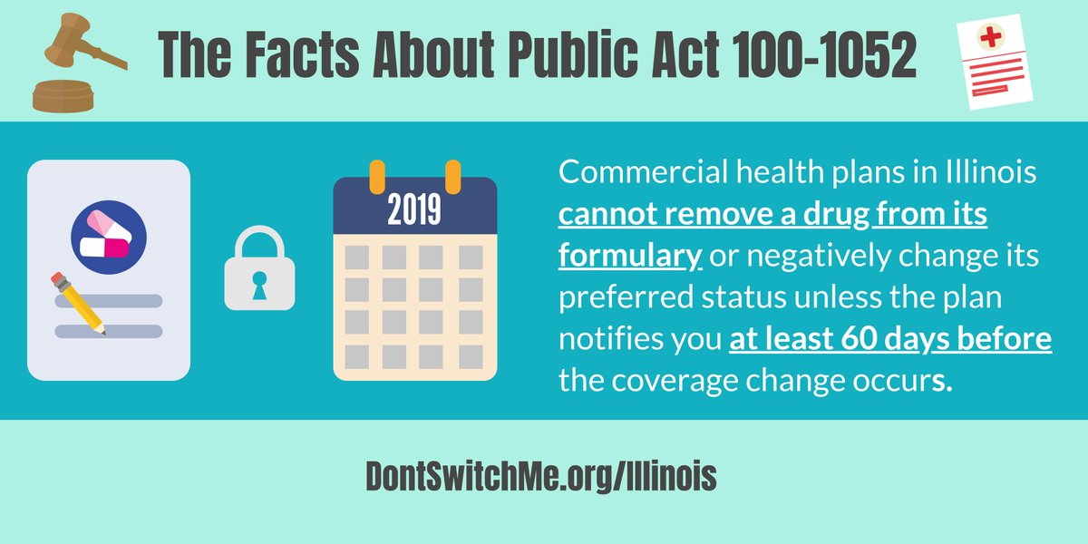 FairCareIL's tweet photo. Know the facts about IL Public Act 100-1052. Commercial health plans cannot make midyear formulary changes unless the plan notifies you 60+ days before doing so. Learn more about how this law protects you from unfair midyear plan changes: https://t.co/8iJDRDKiD9  #DontSwitchMe https://t.co/fTawccTfPC
