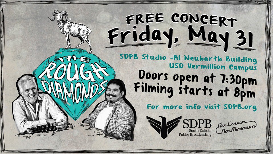 Join us Friday 5/31 in our Vermillion studio for a live taping of No Cover, No Minimum featuring The Rough Diamonds.  Doors open at 7:30pmCT, music start at 8pm-FREE and open to the public!