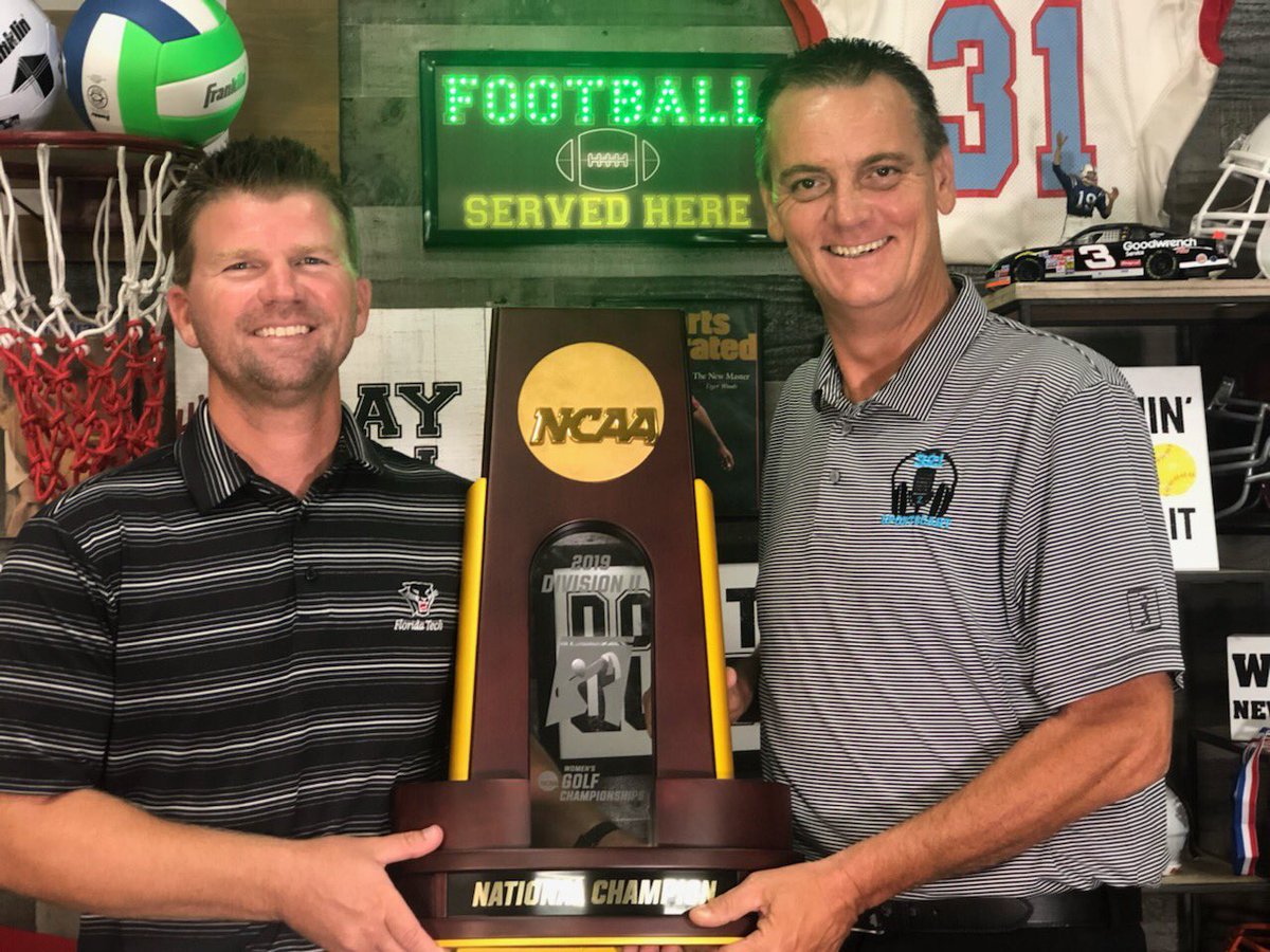zlotsports's tweet photo. Much thanks to @FloridaTechWG coach @CoachSaltmarsh for bringing the @NCAADII #NationalChampionship trophy into the @321sportscast studio. Coach &amp; I had a great interview about #LadyPanthers title run &amp; the emotional roller coaster his team has been on. Will air tomorrow night. https://t.co/cPzY8wC9e0