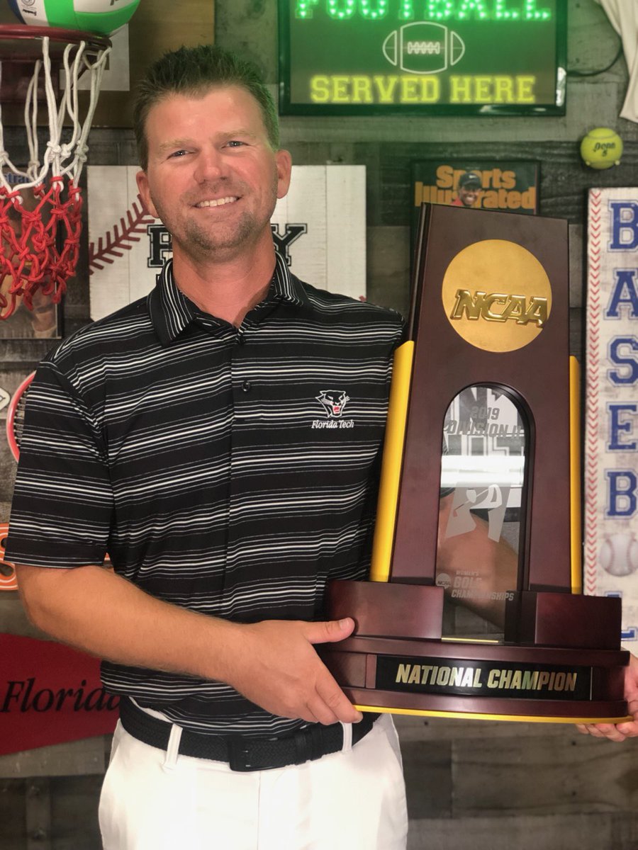 zlotsports's tweet photo. Much thanks to @FloridaTechWG coach @CoachSaltmarsh for bringing the @NCAADII #NationalChampionship trophy into the @321sportscast studio. Coach &amp; I had a great interview about #LadyPanthers title run &amp; the emotional roller coaster his team has been on. Will air tomorrow night. https://t.co/cPzY8wC9e0