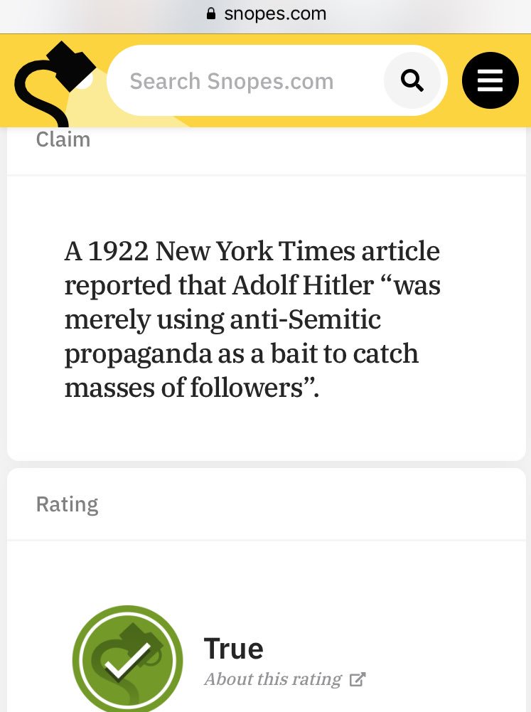 17/ Can’t emphasis enough how critical investigative reporters at  @nytimes and  @washingtonpost have been to rooting out the f*ckery of TrumPutin Inc. But with each puff piece, critical work fades into obscurity. You’d think the fourth estate wudda learned. https://www.snopes.com/fact-check/1922-new-york-times-hitler/