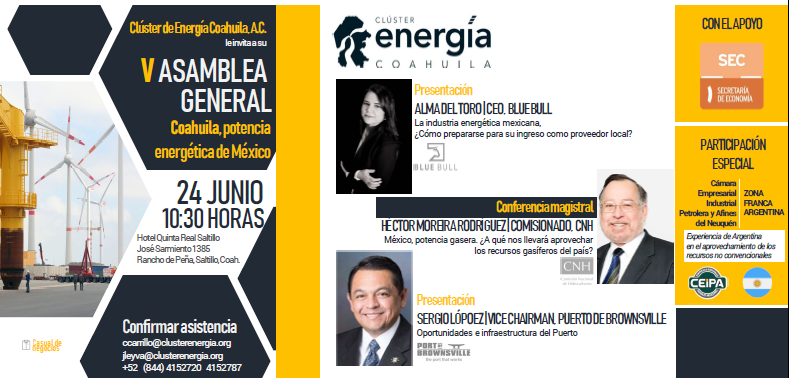 ClusterMPC's tweet photo. Te invitamos a nuestra V Asamblea General, el próximo 24 de junio a las 10:30 hrs. "Coahuila, potencia energética de México" https://t.co/eN6qtZhjkD