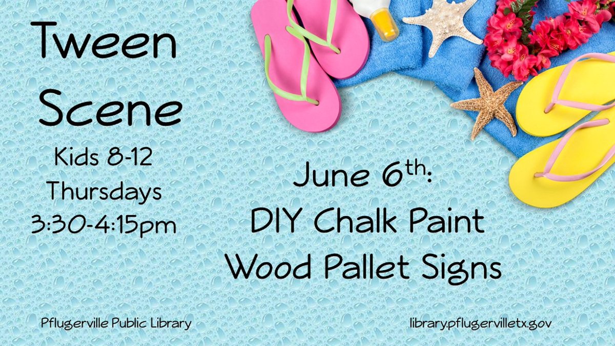 PflugervilleLib's tweet image. Kids 8-12 can create their own signs with mini wooden pallets and chalk paint at Tween Scene, June 6th at the Pflugerville Public Library. Space is limited. Materials provided while supplies last. #TweenScene #Crafts #PflugervillePublicLibrary