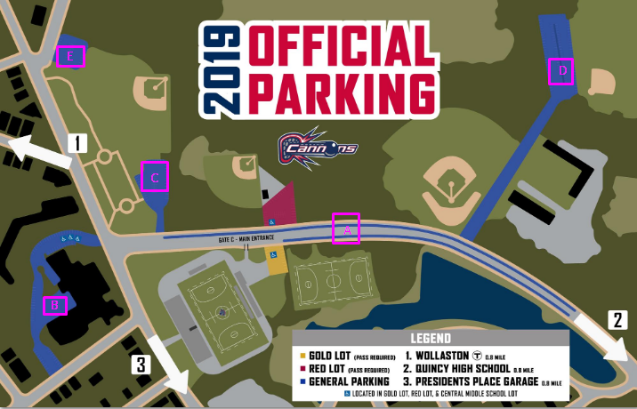 quincymapolice's tweet photo. Heading to Veterans Memorial Stadium on Saturday, June 1st to catch #NYLizards @ #BostonCannons?
General Fan 🅿️ (in blue):
➡️Southern Artery(A)
➡️Central Middle School (B)
➡️Southern Artery Upper Lot(C)
➡️Merrymount Park@Pageant Field: Family Tailgate Lot(D)
➡️Fenno St lot(E) https://t.co/zx6MqAuLAs