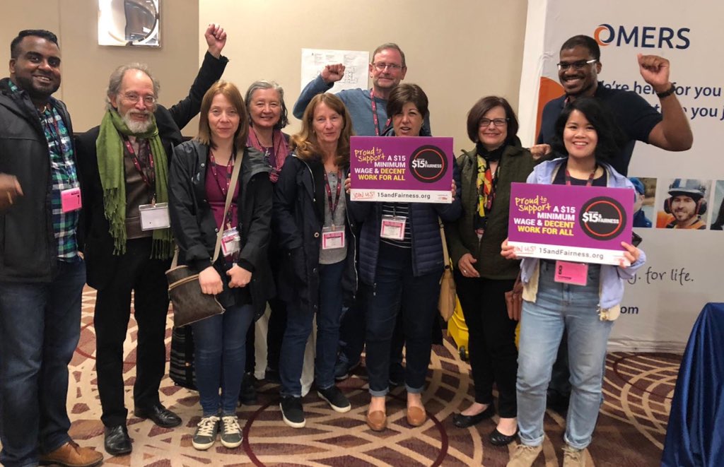 Local4948's tweet photo. #LibraryWarriors stand up for #15andFairness at #CUPEON19! #Minimum15 #DecentWork #cinqdixquinze #Fightfor15 @TPLWU4948Pres @4948Warriors @fairwagesnow @CUPEOntario @torontolabour #ONpoli https://t.co/LDIMtWw9Up