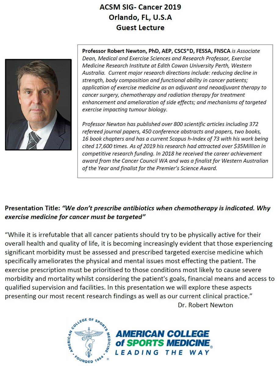 ProfRobNewton's tweet image. #acsm19 Exercise and Cancer Special Interest Group meeting 6:15 tonight in room CC-304ABCD. Session includes my presentation and all members and interested people more than welcome to attend and participate. #exerciseoncology