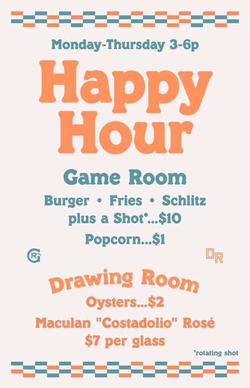 PSA: Starting a week from today we’re launching HAPPY HOUR! We’ll have specials in Game Room and Drawing Room every Monday-Thursday from 3-6pm. Oysters &amp; rosé in Drawing Room and burgers &amp; beers in Game Room 😱🍻🍔🤗