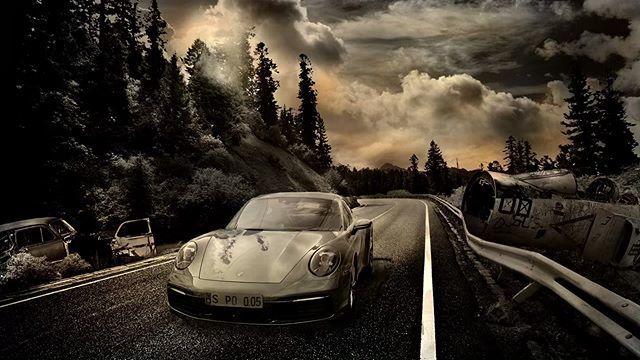 AkiWaschner's tweet photo. The new Porsche as a last survivor in a apocalyptic situation.. Many Hours of Photoshop... its not perfect but im ok with it so far. 
#porsche #cars #racing #stuttgart #photoshop #endgame #fun #love #hobby #asphalt #wheels #tbt #instagood #picoftheday https://t.co/kNZ1QyyRWj https://t.co/8T3i8U93L6