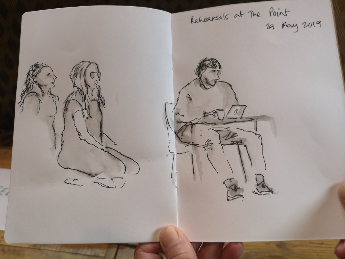VickiHProducer's tweet photo. Such a fab day of rehearsals with @commotiondance1 so many creatives in the space, including a local arts group who came to sketch us, the below is by Wendy, capturing  'director with musician' 😊 #swdancing2019 #acesupported https://t.co/PTh4aQa8et
