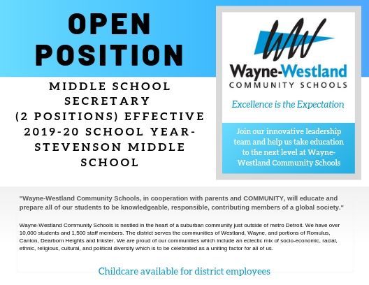 WWCSD's tweet photo. Middle School Secretary (2 positions) Effective 2019-20 School Year - Stevenson Middle School
https://t.co/JppRhYvfIV https://t.co/OkYhymQ6xq