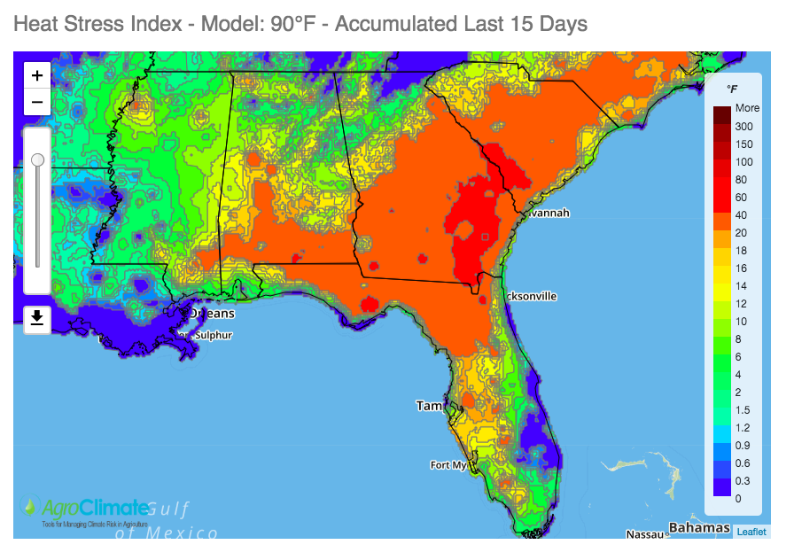 fraisse_clyde's tweet image. Find out how much heat stress occurred in the Southeast US during the last few days or weeks using this #Agroclimate tool (agroclimate.org/tools/heat-str…. The map shows degrees above 90F accumulated during the last 15 days.