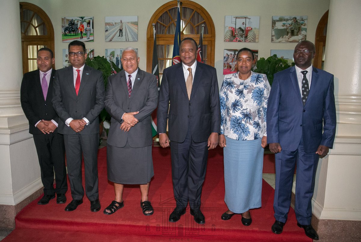 StateHouseKenya's tweet image. President Kenyatta earlier held talks with @FijiPM Josaia Voreqe Bainimarama who is in the country to attend the ongoing #UNHabitatAssembly at Gigiri. Discussion between the two leaders touched on opportunities for economic cooperation especially in trade and tourism