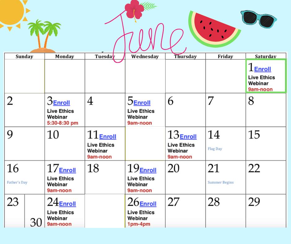 CEDaddy's tweet image. You want to be out and about this summer enjoying the pool, warm weather, and vacationing; So get your ethics done early!

This Saturday will be our first June webinar.
Sign up now and enjoy all of June without​ worry!

Sign up: cedaddy.com/illinoisethics…

#CEDaddy #ILEthics