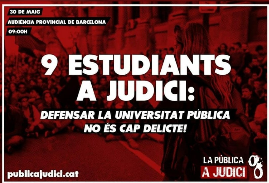 COSnacional's tweet photo. ▶️ Demà porten a vàries companyes a judici per defensar la universitat pública.
✊🏼 Perquè davant l'elitització de l'educació, la lluita és l'únic camí. Tot el suport i solidaritat amb les 9 encausades.
⌚ 9.00h
📌 Audiència Provincial de Barcelona.
🔗:https://t.co/ECoHWW9bQs https://t.co/JY2TsTfGHm