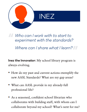 amackley's tweet photo. W5:Q1: How will you answer 'Inez the Innovator" when she asks: How does the School Library support my learning needs? #AASLstandards #AASLowchat @aasl https://t.co/4rSG8nN3Wd