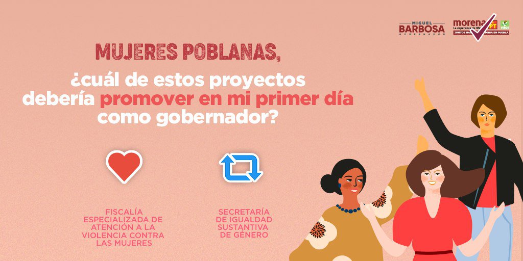 MBarbosaMX's tweet photo. Como mujer, ¿cuál de estos proyectos consideras que debería promover en mi primer día como gobernador? 

❤️Fiscalía Especializada de Atención a la Violencia contra las Mujeres. 
🔁Secretaría de Igualdad Sustantiva de Género. https://t.co/pCd7Xn5p2M