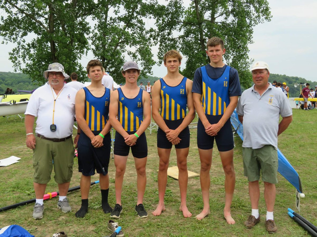 SRAA Nationals at Dillon Lake, Ohio.
Coach Huggard, Ltwt 2x Silver medalists Jr Dylan Gattini-Patel and Sr Will Hoffman, Gold medalists JV2x Soph Phil Seeger and Jr Joe Glenn, Coach Gigs.