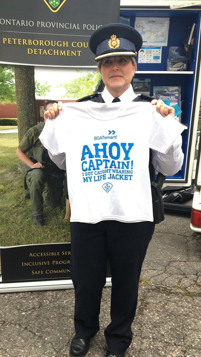 At the Peterborough Water Festival @ptbowaterfest kicking off the 'I Got Caught Wearing My Lifejacket' T-shirt Program! OPP will be handing out these shirts all summer as they conduct boating safety checks. Make sure you're wearing your lifejacket! #boatingsafety #PFD #lifejacket