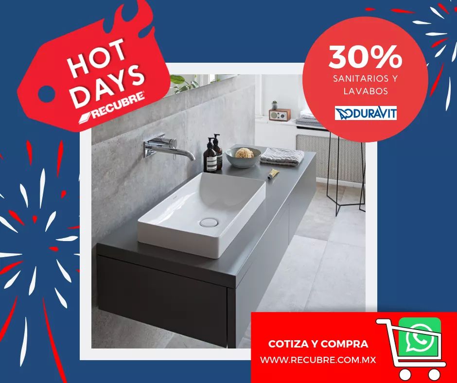 🔥HOT DAYS🔥en #Recubre. 
Ven y aprovecha nuestro 30% de descuento en sanitarios y lavabos de la marca #Duravit. 🇩🇪  Te esperamos en nuestras sucursales: recubre.com.mx/sucursales/

O si lo prefieres cotiza desde tu casa🏡 o móvil. 📲
recubrecatalogo.ete.mx