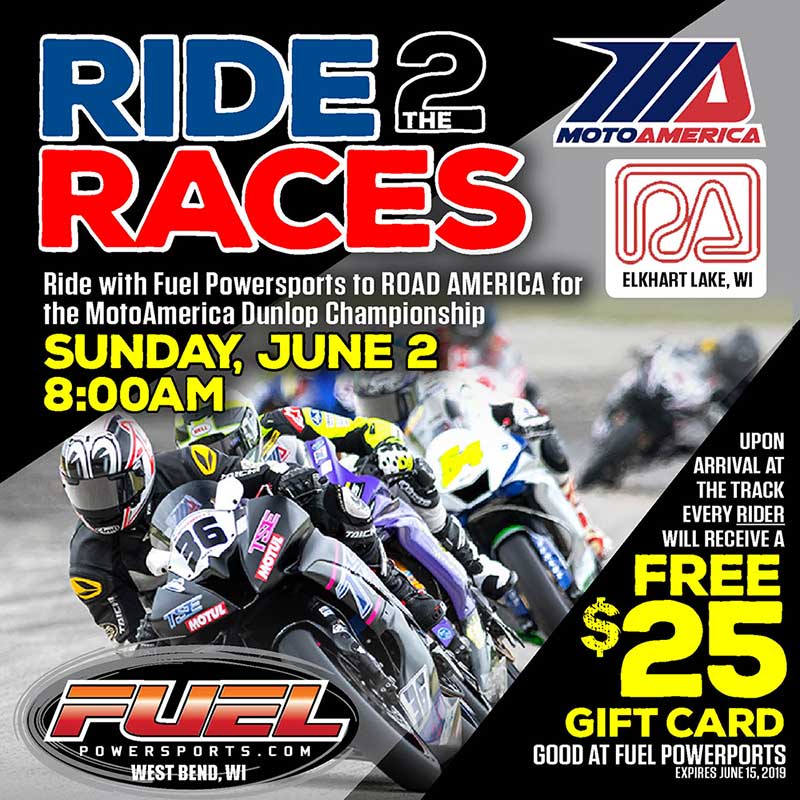 FuelPowersports's tweet photo. Ride with us to @roadamerica for the @MotoAmerica1 @RideDunlop SuperBike Double header this Sunday. Get a $25 Gift Card. https://t.co/BeQ0Te6pn5 https://t.co/8nzViNYBLn
