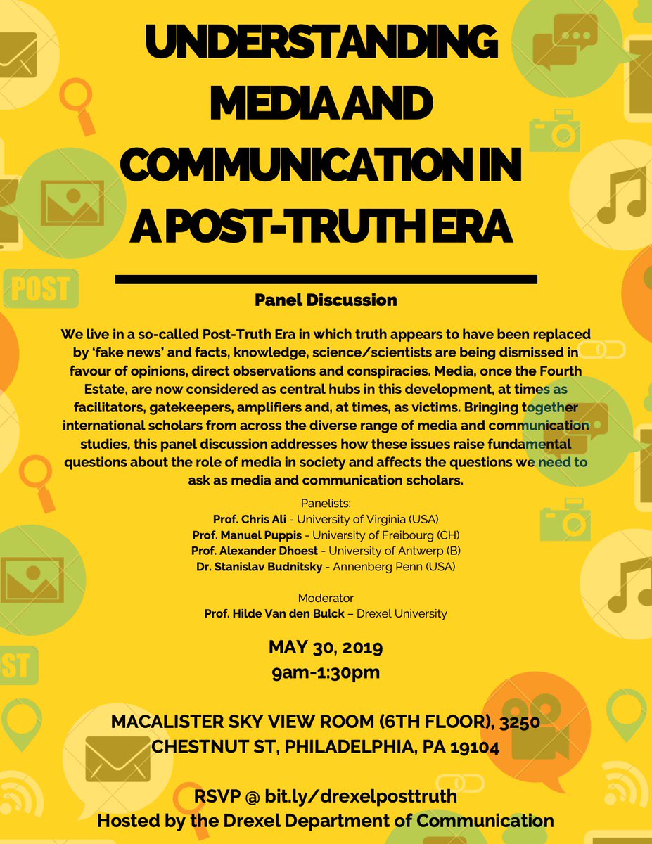 sbudnitsky's tweet photo. If you're in Philly & have any juice left after #ICA19, stop by Drexel @Drexel_CoAS on May 30 for a wide-ranging discussion on media, communication, and news with @ManuelPuppis, @Ali_Christopher, @ADhoest, and @sbudnitsky moderated by @HildeVdBulck (RSVP https://t.co/ulNpa2WZaV) https://t.co/rVAP8N0kuX