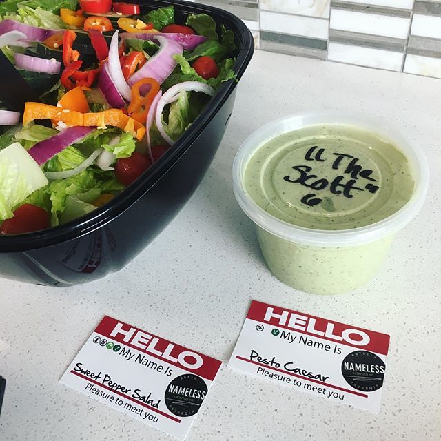 sssemester's tweet photo. That thing where you love Nameless Catering’s Pesto Caesar Salad Dressing so much and ask for extra portions of it so much, the Nameless staff names that extra portion after you... 😂🤣😂🤣 #TheScott #WithQuotes https://t.co/oM7vwl91KV