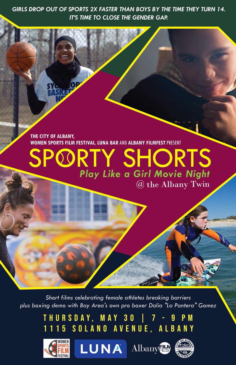 Tomorrow THURS May 30 🏃🏾‍♀️Sporty Shorts ⛹🏻‍♀️ @ 7pm, Albany Twin Theatre - FREE, all ages 🥇
AFF joins <a href="/AlbanyRecDept/">Albany Recreation</a> , @womensportsfilm , &amp; <a href="/lunabar/">LUNA Bar</a> for a night of short films celebrating girls &amp; women insports. 
#albanyca #albanyfilmfest #playlikeagirl #womeninsports