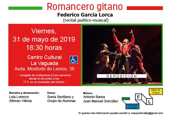 De nuevo Romancero Gitano de F. García Lorca en el Centro Cultural La Vaguada! Aprovecha la oportunidad de ver este espectáculo, organizado por la Mesa de Cultura del #ForoLocal <a href="/ForosLocales/">Foros Locales de Madrid</a> 
🗓Viernes 31 de mayo 
🕡 a las 18:30