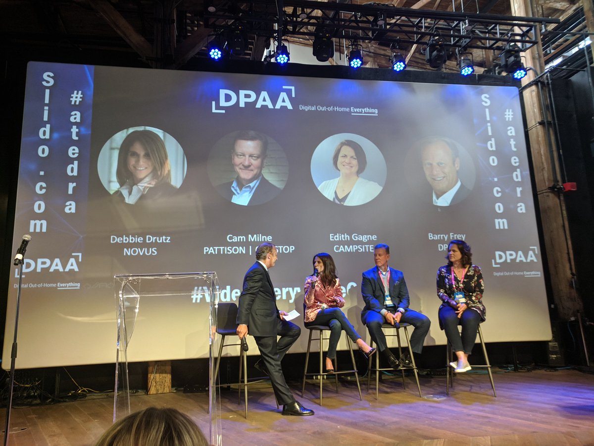 AyudaSystems's tweet photo. @barryfrey leads a dynamic panel about DOOH, featuring media network @pattisonoutdoor's @CamMilne, agency @novus's Debbie Drutz, and our very own programmatic partner @CampsiteProject's Edith Gagne talk about innovation in the industry at @DPAAorg #VideoEverywhereCanada https://t.co/Rmd7PebMXv